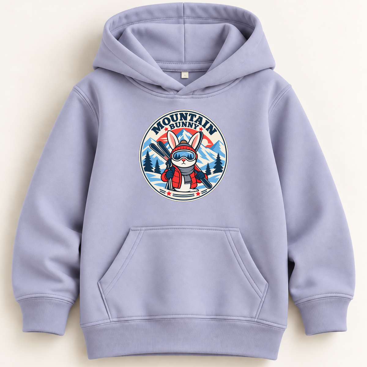 A light lavender hoodie sweatshirt with a front kangaroo pocket and a circular graphic on the chest featuring a cartoon character in ski gear with the text 'MOUNTAIN bunny'.