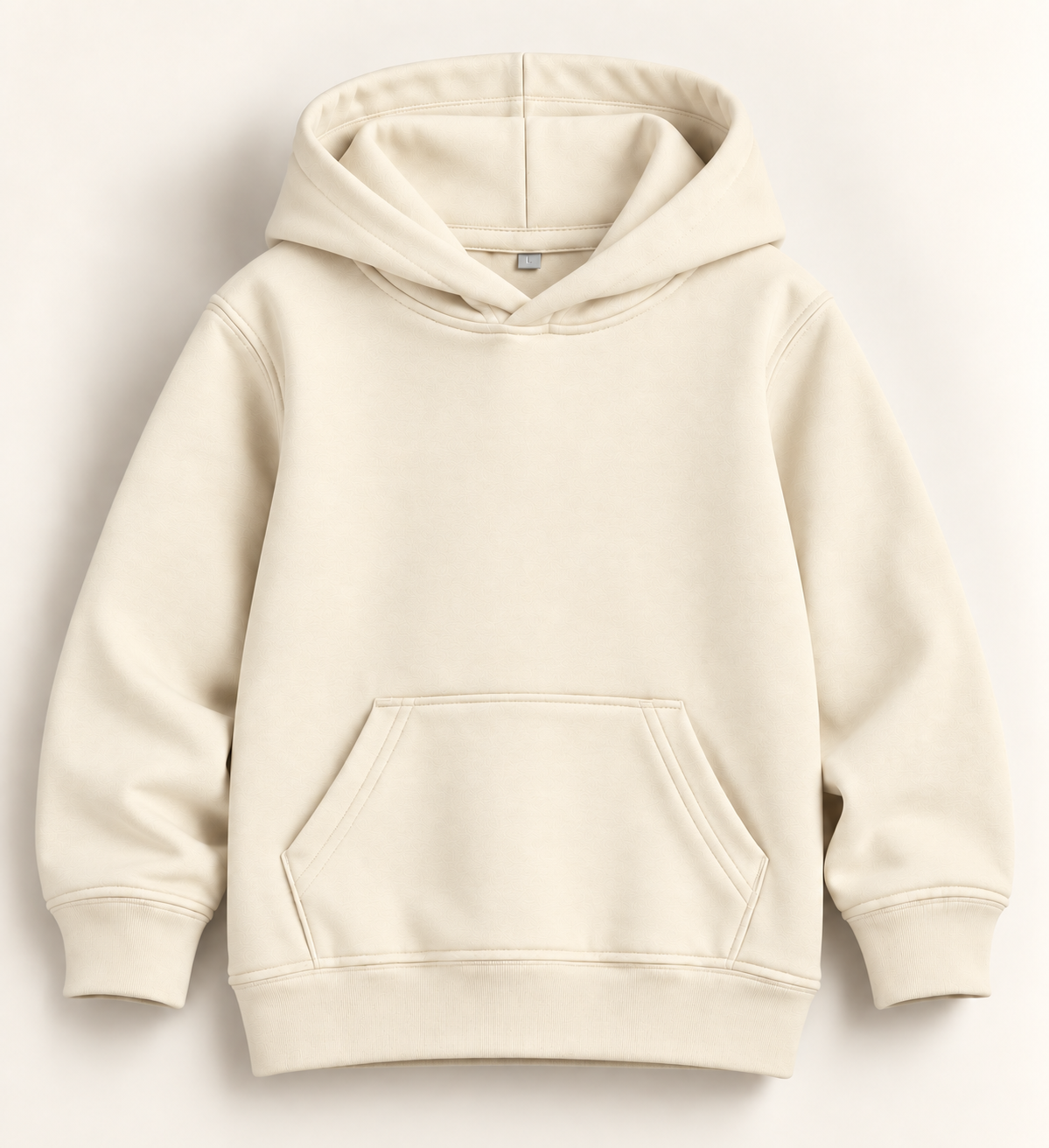 A cream-colored pullover hoodie with a front kangaroo pocket, shown flat against a light beige background.