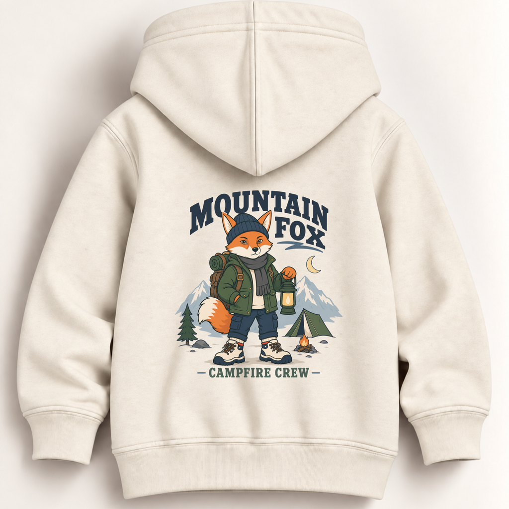 A cream-colored hooded sweatshirt shown from the back, featuring a large graphic print of a cartoon fox dressed in outdoor gear with the text 'MOUNTAIN FOX' and 'CAMPFIRE CREW'.