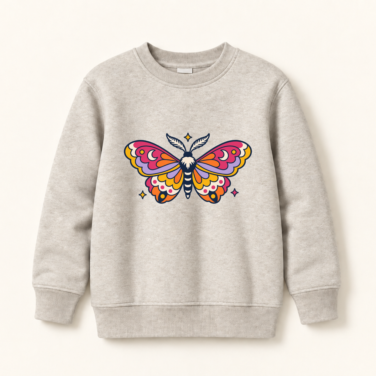 A light heather gray crewneck sweatshirt featuring a colorful, patterned butterfly graphic on the chest, displayed against a solid off-white background.