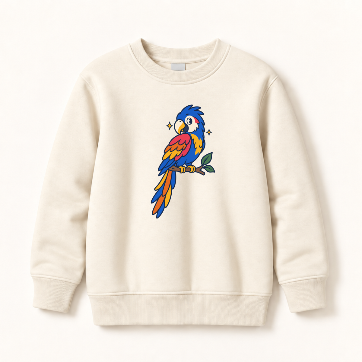 An off-white crewneck sweatshirt featuring a colorful cartoon parrot graphic on the chest, displayed against a clean off-white background.