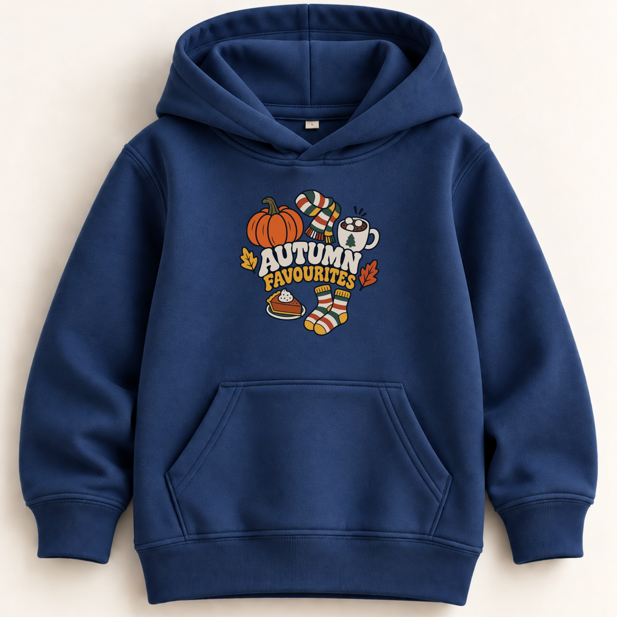 A navy blue kids' pullover hoodie with a front kangaroo pocket and a colorful 'Autumn Favourites' graphic on the chest, displayed flat against a light beige background.