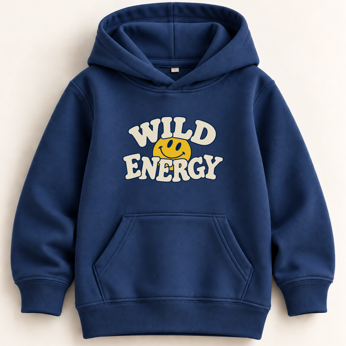 A navy blue pullover hoodie with a front kangaroo pocket and a graphic print reading 'WILD ENERGY' in white retro lettering with a yellow smiley face, shown on a light beige background.