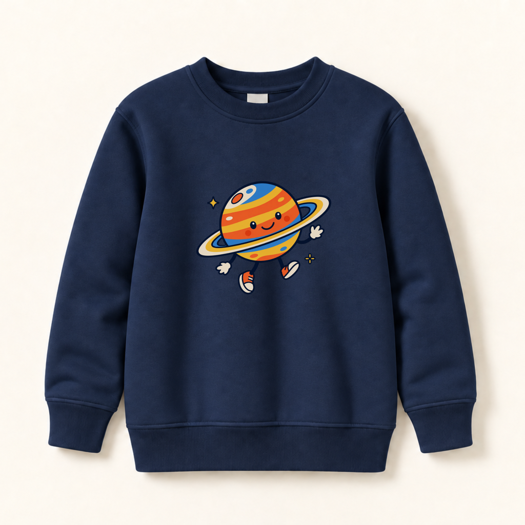 A navy blue crewneck sweatshirt featuring a cute cartoon graphic of a smiling planet with a ring on the front, displayed against a light cream background.