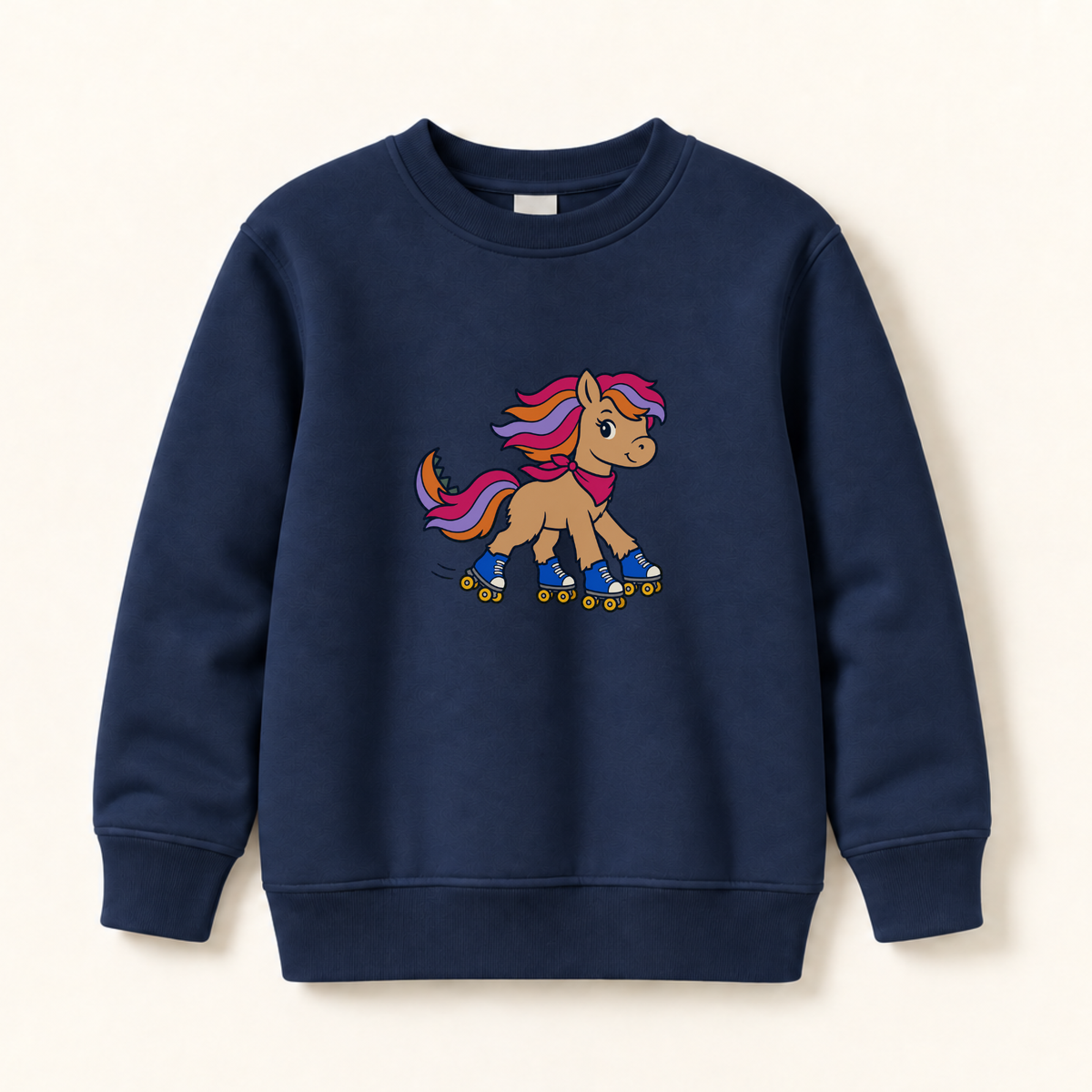 A navy blue crewneck sweatshirt featuring a cartoon graphic of a brown pony roller skating with a pink, purple, and blue mane, displayed on a light cream background.
