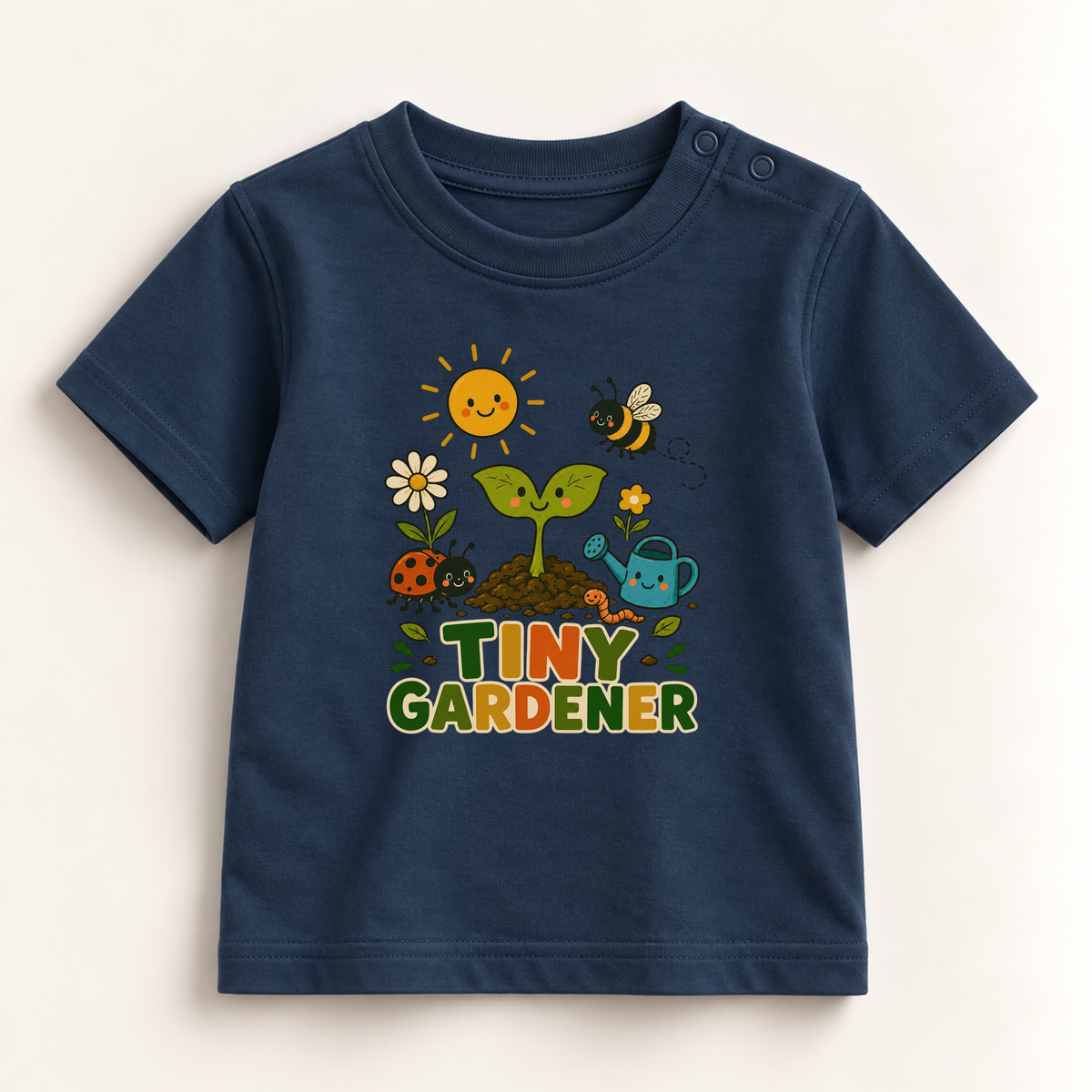 A navy blue short-sleeve baby t-shirt with a colorful 'TINY GARDENER' graphic on the front, featuring a cute sun, bee, flower, seedling, ladybug, watering can, and soil illustration, displayed flat against a light beige background.