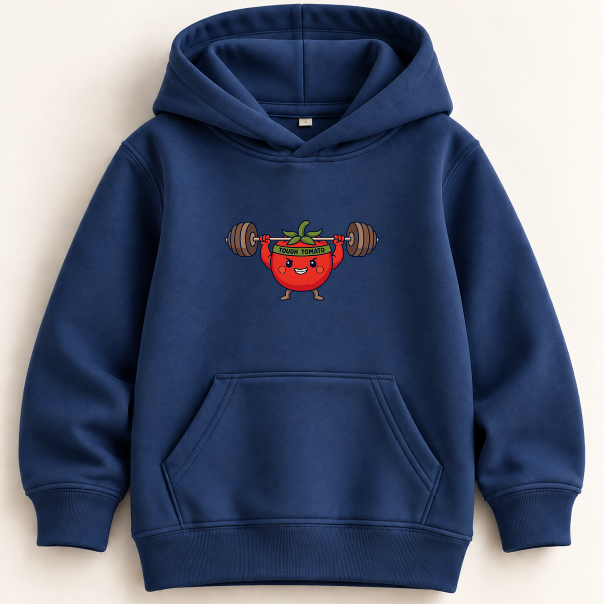 A navy blue pullover hoodie with a front kangaroo pocket and a cartoon graphic of a red tomato character lifting a barbell, shown against a light beige background.