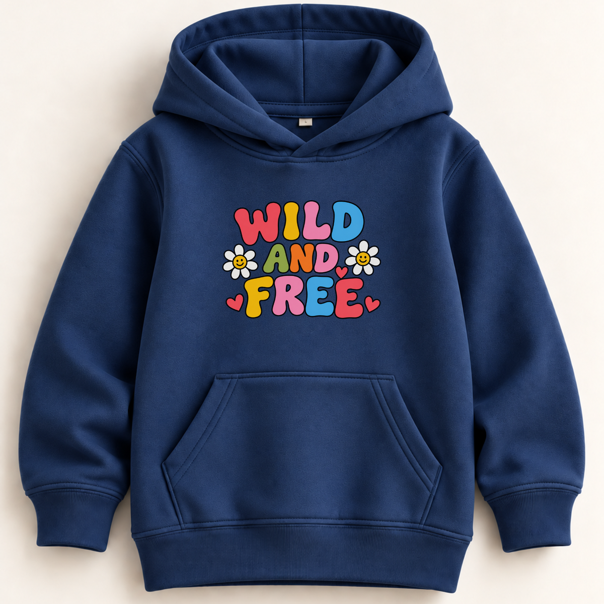 A navy blue pullover hoodie with a colorful retro-style graphic on the chest that reads 'WILD AND FREE' in multicolored letters, decorated with small white daisy flowers. The hoodie is laid flat against a light beige background.