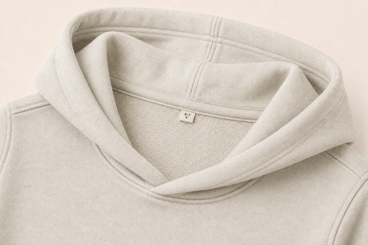 Close-up of a light beige hooded sweatshirt showing the inner hood lining and a small interior neck label on a soft neutral background.