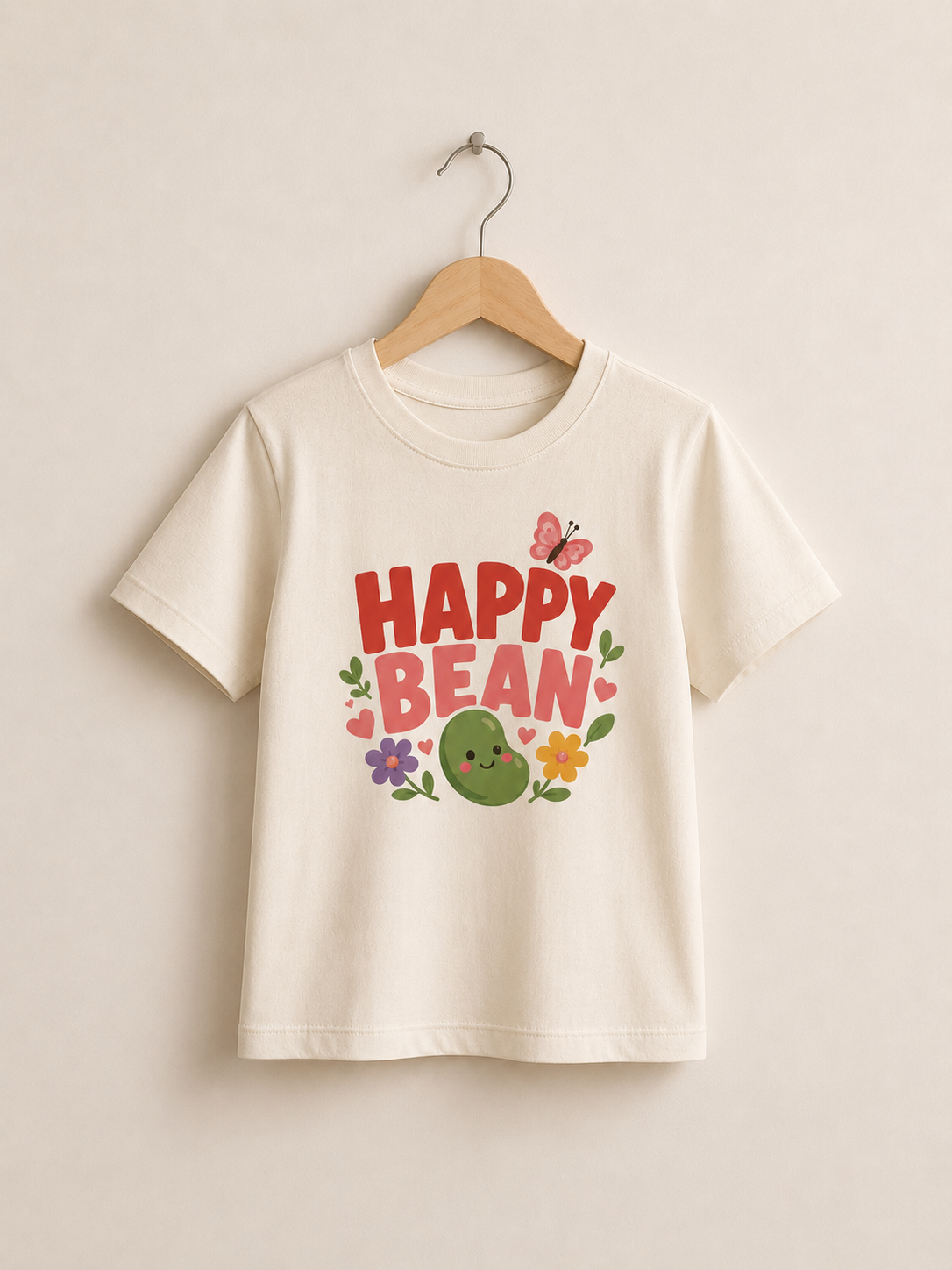 A cream-colored short-sleeve t-shirt hanging on a wooden hanger against a warm beige wall. The shirt features a colorful graphic on the front with the text 'HAPPY BEAN' in red and pink, surrounded by a smiling green bean character, flowers, and a butterfly.