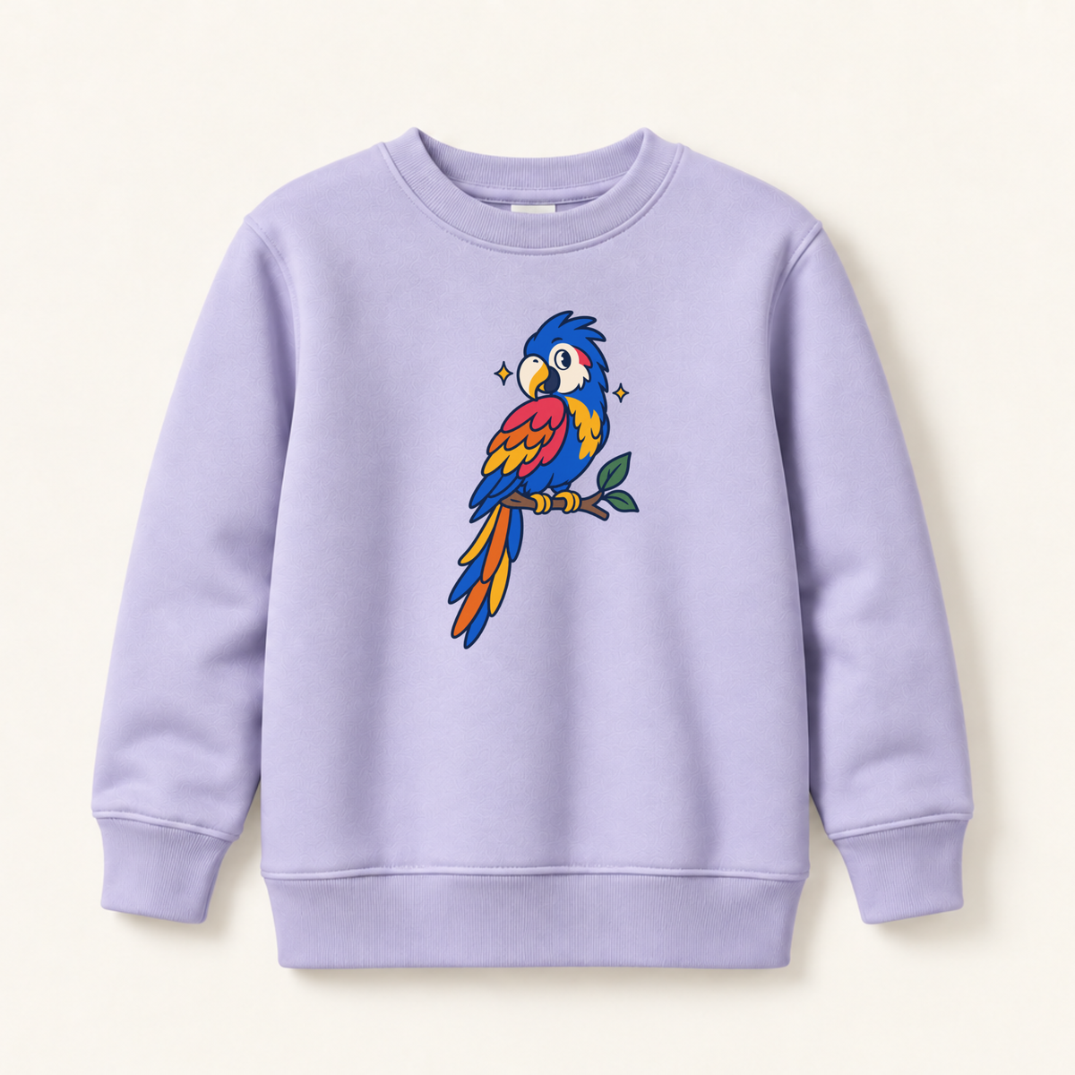 A light lavender crewneck sweatshirt featuring a colorful cartoon parrot graphic on the chest, displayed against a solid cream background.