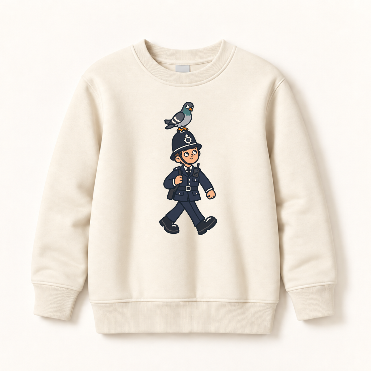 An off-white crewneck sweatshirt featuring a cartoon graphic of a policeman in a traditional helmet walking while carrying a pigeon on his shoulder, displayed against a clean off-white background.