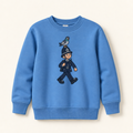 A blue crewneck sweatshirt featuring a cartoon graphic of a police officer walking with a pigeon on his helmet, displayed against a light cream background.