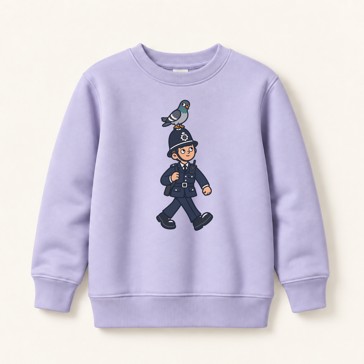 A light lavender crewneck sweatshirt featuring a cartoon graphic of a police officer walking with a pigeon on his helmet, displayed on a clean, solid off-white background.