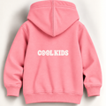 A pink hooded sweatshirt shown from the back, featuring the text 'COOL KIDS' printed in white across the center. The hoodie has a classic hood, long sleeves with ribbed cuffs, and a ribbed hem, photographed against a clean, off-white background.