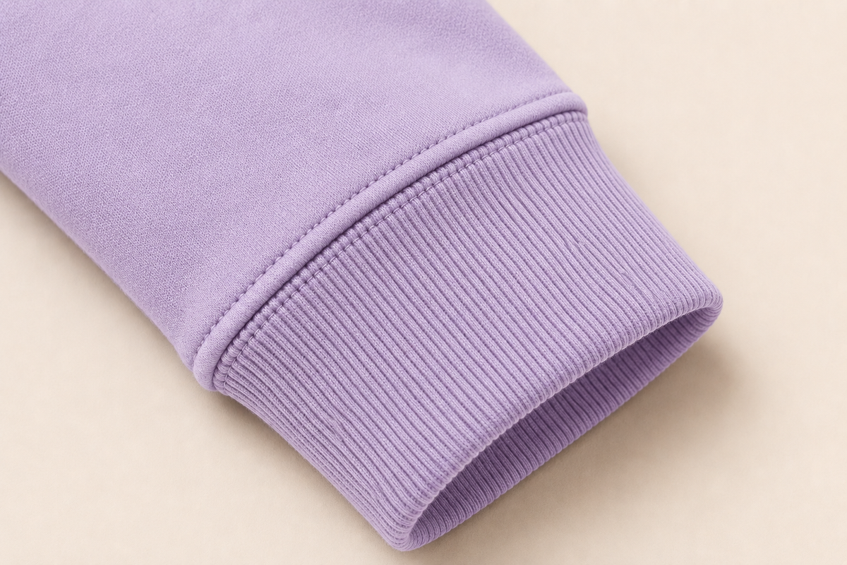 Close-up of a lavender purple ribbed knit cuff, likely on a sweatshirt or sweater, set against a solid beige background.