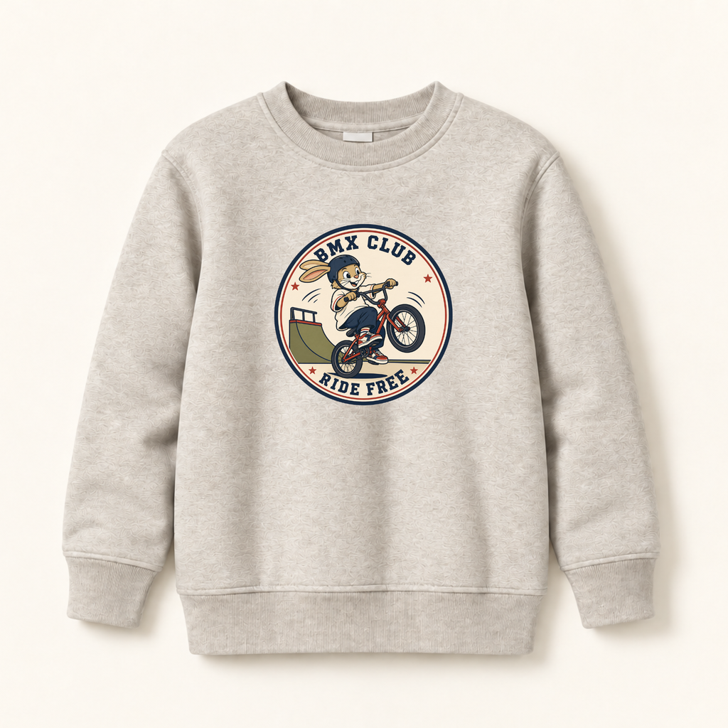 A light heather gray crewneck sweatshirt featuring a circular graphic print on the chest with a cartoon BMX rider and the text 'BMX CLUB' and 'RIDE FREE'.