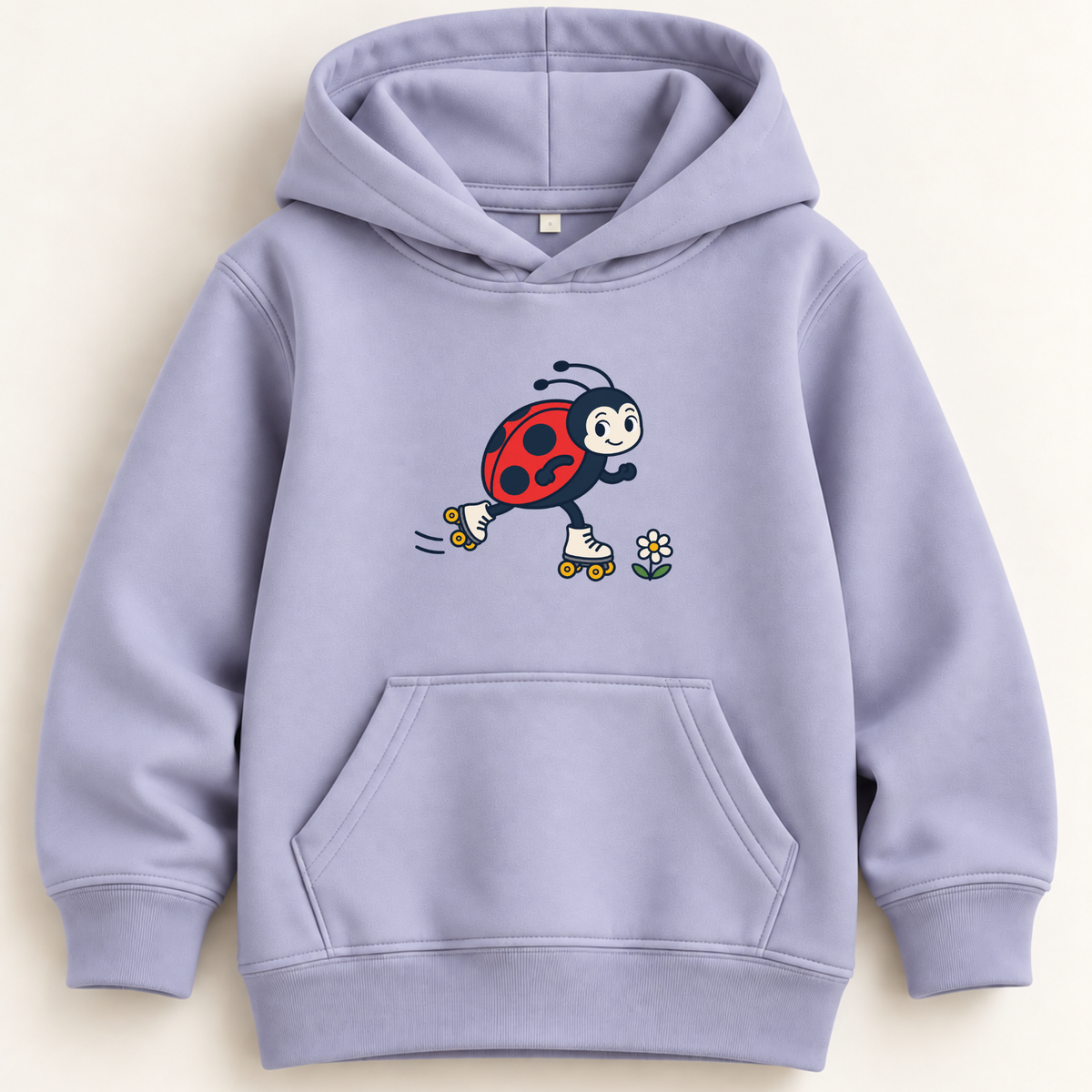 A light lavender kids' pullover hoodie featuring a cartoon ladybug on roller skates with a small flower, displayed against a warm off-white background.