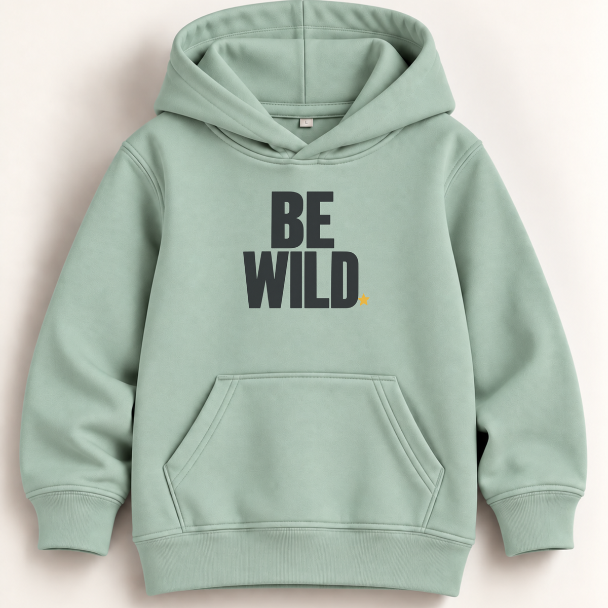 A sage green pullover hoodie with 'BE WILD.' printed in bold black letters on the chest, featuring a small yellow accent dot after 'WILD'.