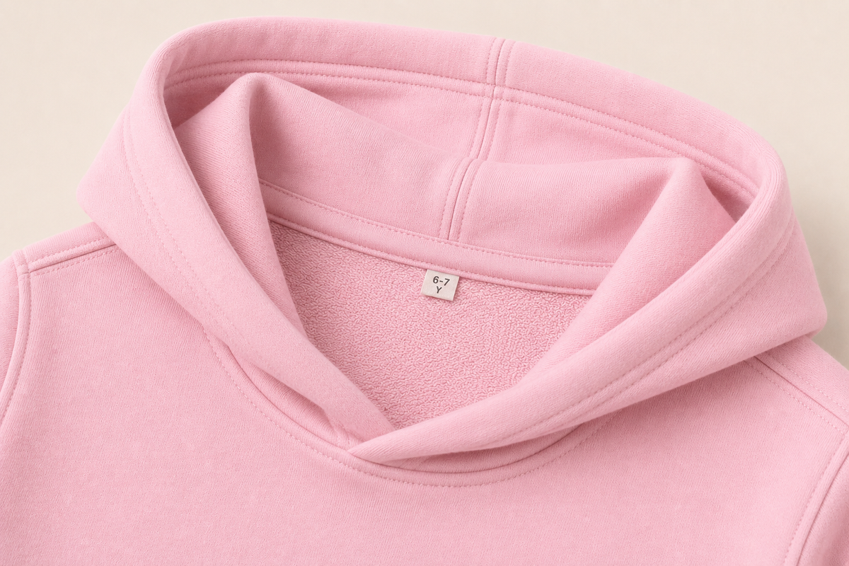 Close-up of a light pink hooded sweatshirt showing the interior hood lining and a small white brand tag with a stylized 'Y' logo.