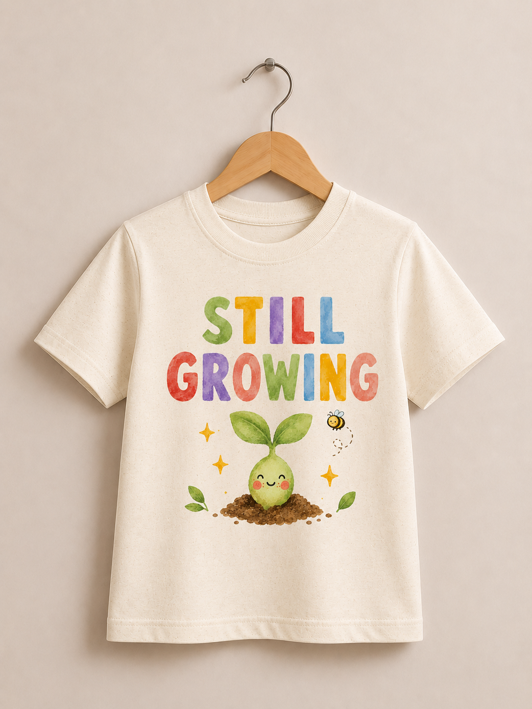 An off-white short-sleeve t-shirt hanging on a wooden hanger against a neutral beige background. The shirt features a colorful graphic with the text 'STILL GROWING' in multicolored letters above a cute cartoon green sprout and a small bee.