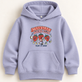 A light lavender purple kids' pullover hoodie with a front kangaroo pocket and a colorful graphic on the chest reading 'Strawberry Sound Club' with three cartoon strawberries and the words 'Play It Loud'.