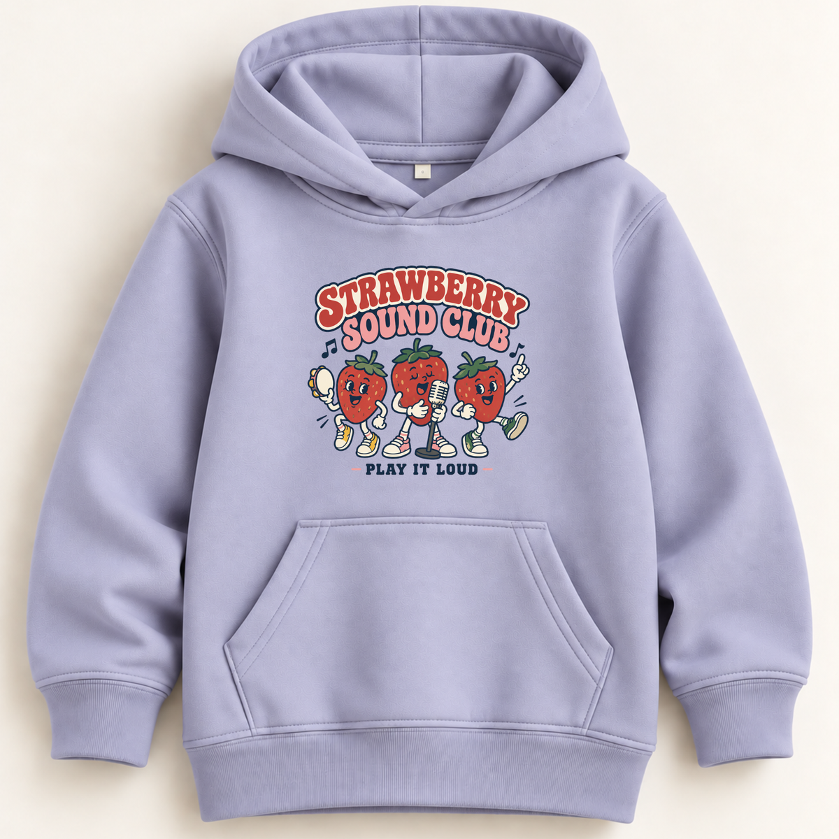 A light lavender purple kids' pullover hoodie with a front kangaroo pocket and a colorful graphic on the chest reading 'Strawberry Sound Club' with three cartoon strawberries and the words 'Play It Loud'.