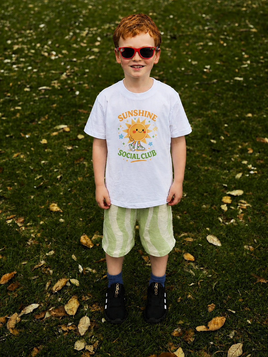 Child wearing a 'Sunshine Social Club' t-shirt on a grassy background
