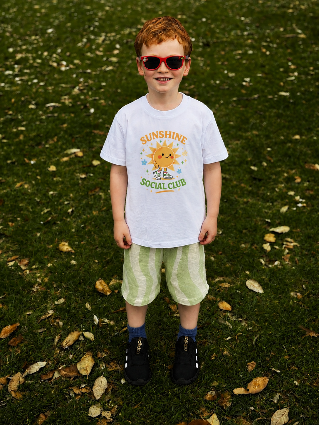 Child wearing a 'Sunshine Social Club' t-shirt on a grassy background