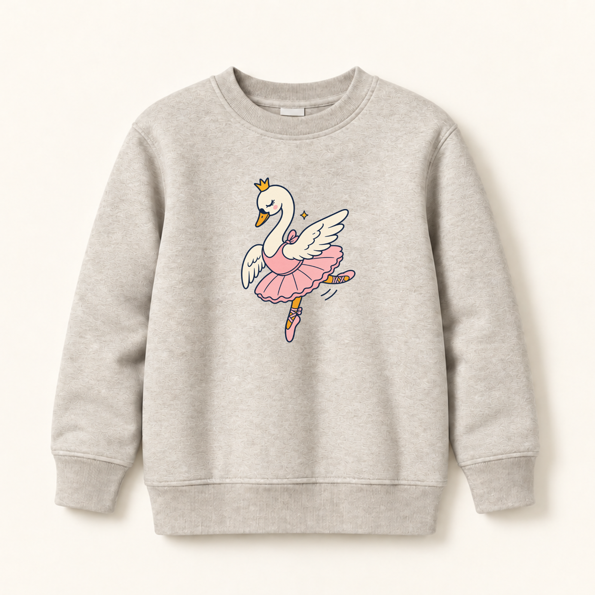 A light heather gray crewneck sweatshirt featuring a cartoon graphic of a white swan ballerina with a pink tutu and small gold crown, displayed on a clean off-white background.