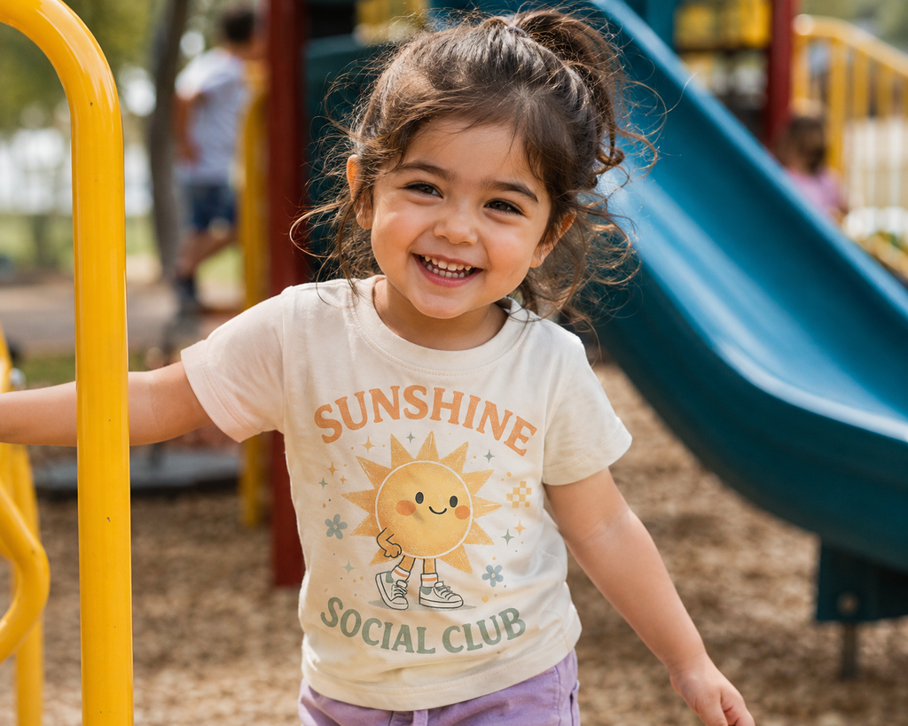 Child wearing a 'Sunshine Social Club' t-shirt at a playground.