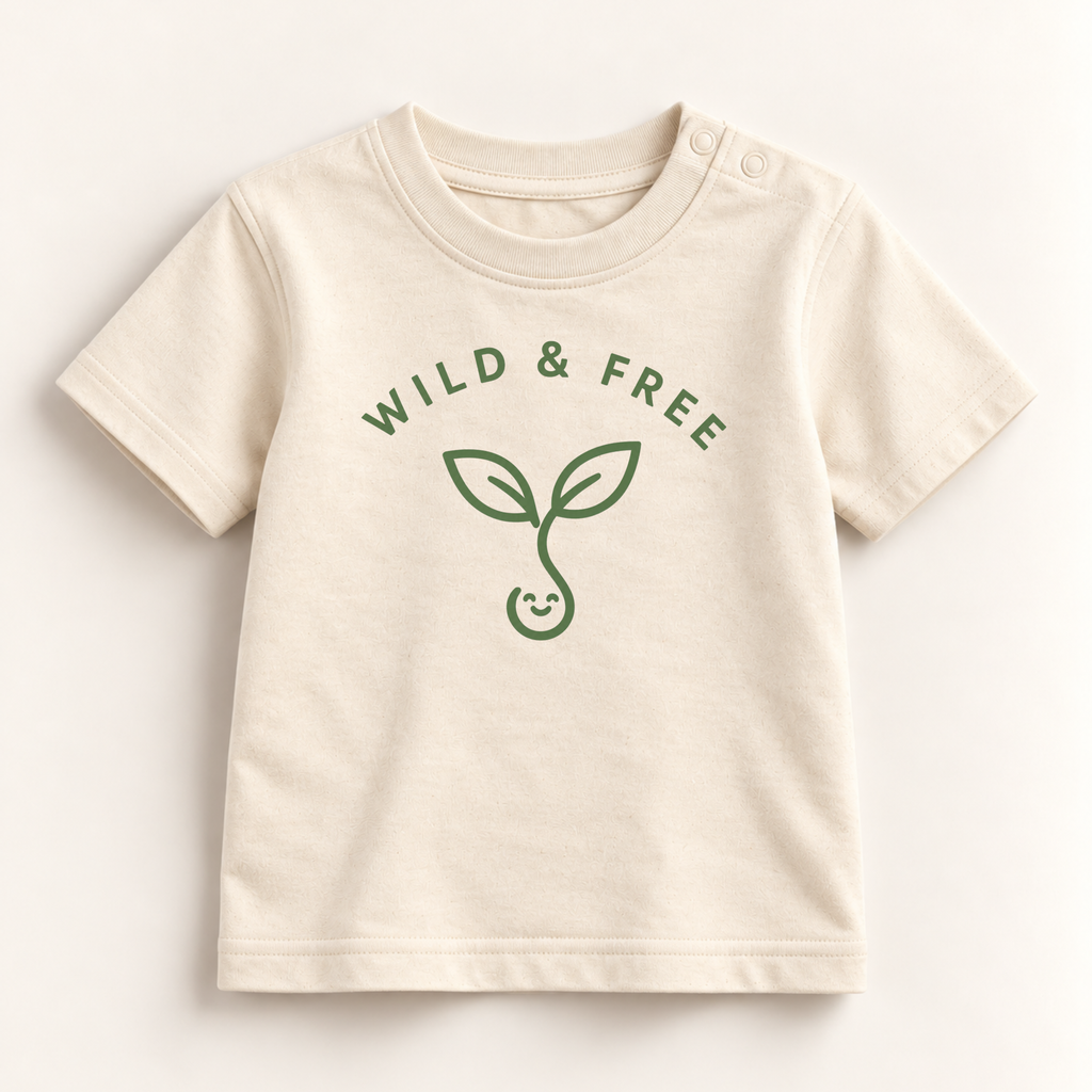 A cream-colored short-sleeve baby t-shirt with 'WILD & FREE' and a green sprout graphic printed on the front, displayed flat against a light cream background.
