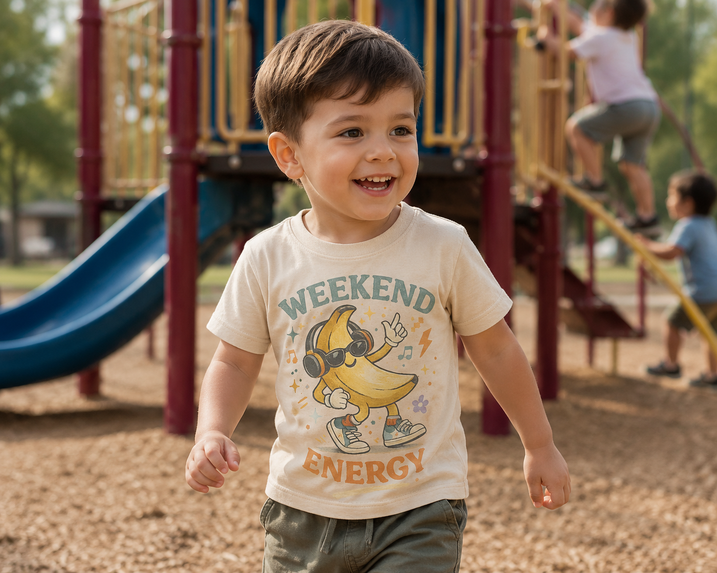 Child wearing a t-shirt with a cartoon character  saying Weekend Energy at a playground