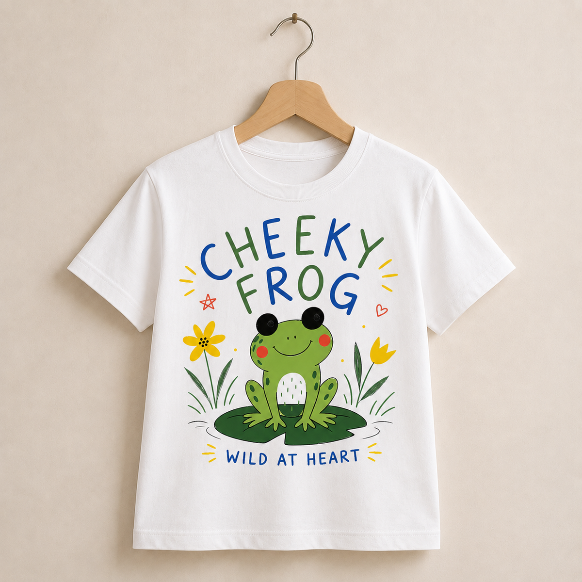 White t-shirt with a colorful 'Cheeky Frog' design on a beige background