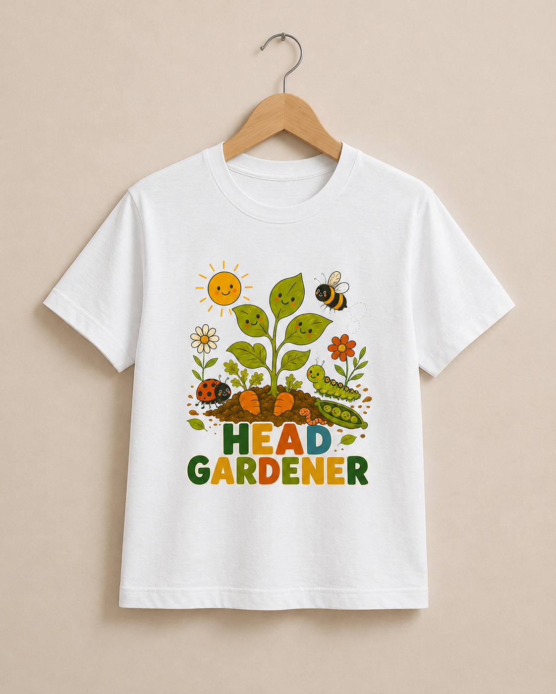 White t-shirt with a colorful garden-themed design on a beige background