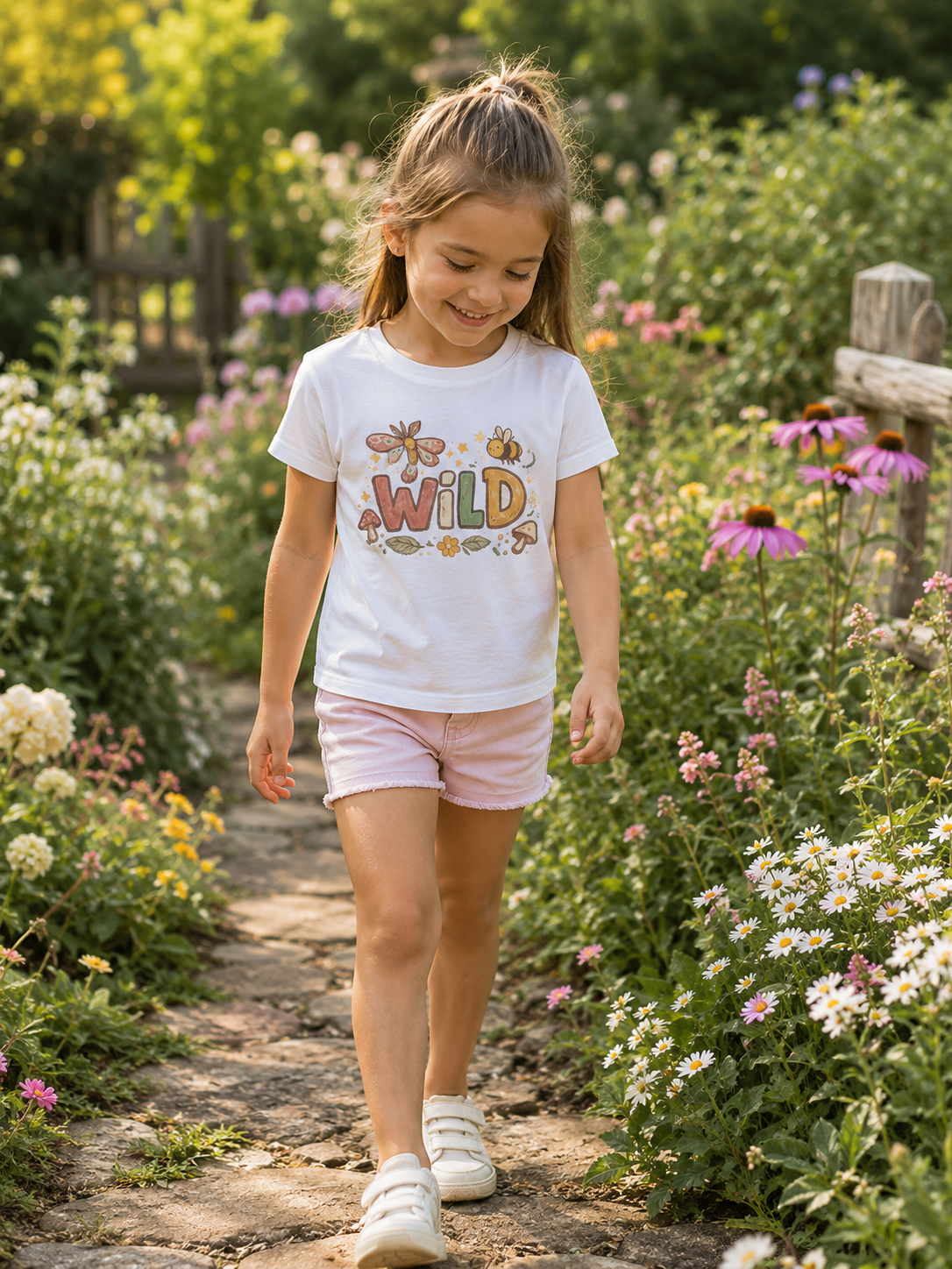 Young girl walking through a garden wearing a 'Wild' t-shirt.
