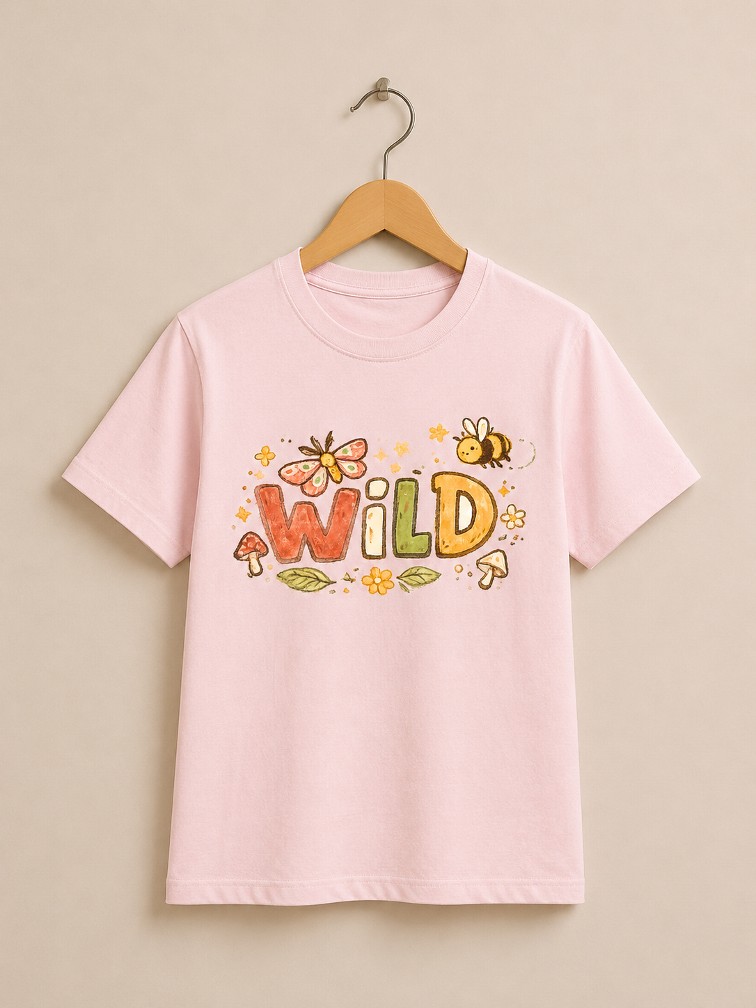 A light pink short-sleeve t-shirt hanging on a wooden hanger against a solid beige background. The front of the shirt features a colorful graphic with the word 'WILD' in orange and yellow letters, surrounded by illustrations of a butterfly, a bee, a mushroom, and flowers.