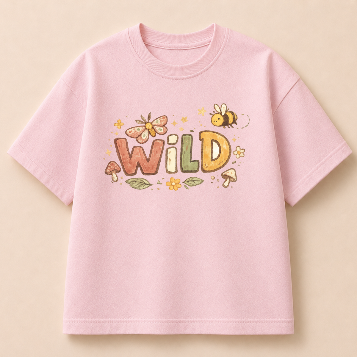 Organic Kids pink t shirt. wild writing small bee soft colours