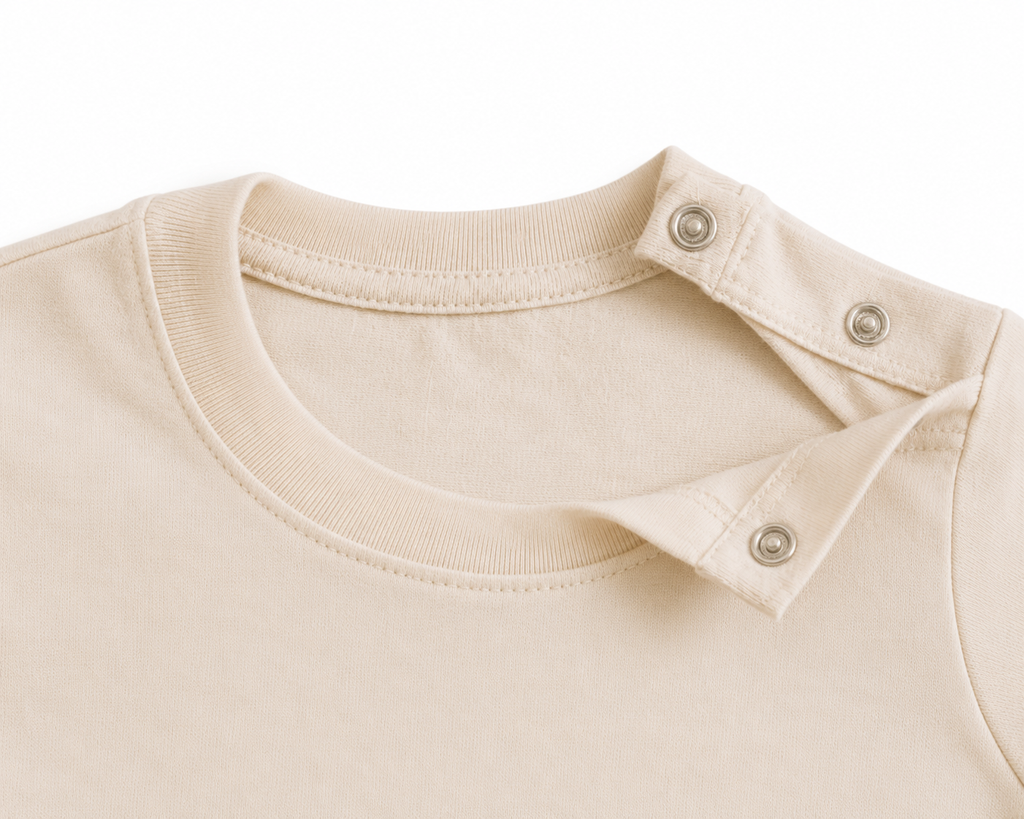 Close-up of a cream-colored baby t-shirt with a double-breasted shoulder design and metal snap buttons, shown on a plain white background.