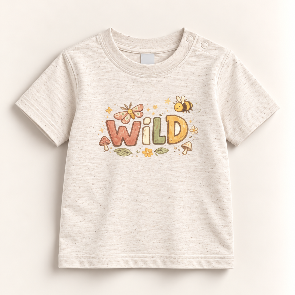 A baby t-shirt in a light heathered cream color, featuring a colorful graphic on the chest with the word 'WILD' in earthy tones, accompanied by a butterfly, a bee, and small mushrooms.