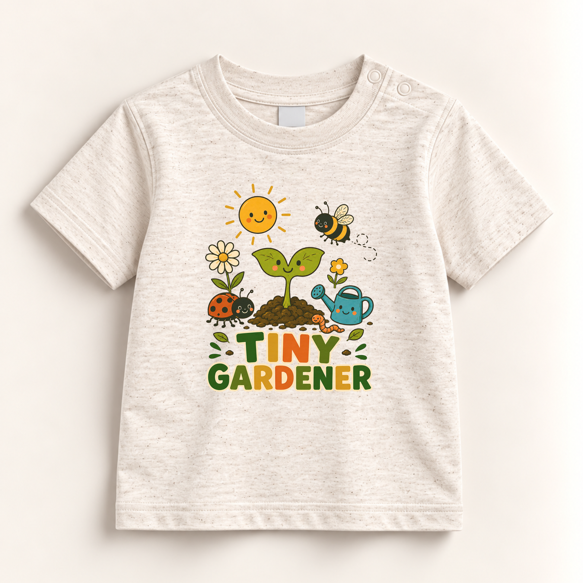 A baby t-shirt in a light heathered cream color, featuring a colorful cartoon graphic of a sunny garden scene with the text 'TINY GARDENER' printed below it.