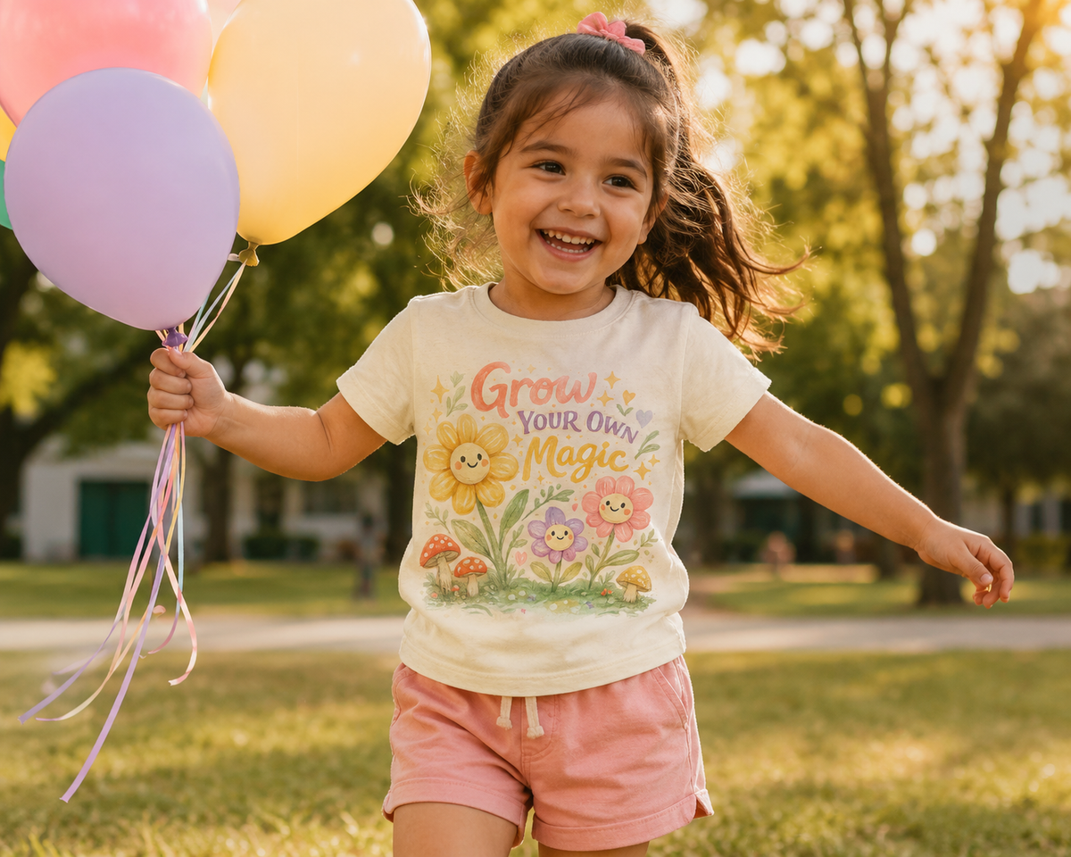 Child holding balloons and wearing a shirt a saying grow your own magic  message in a park.