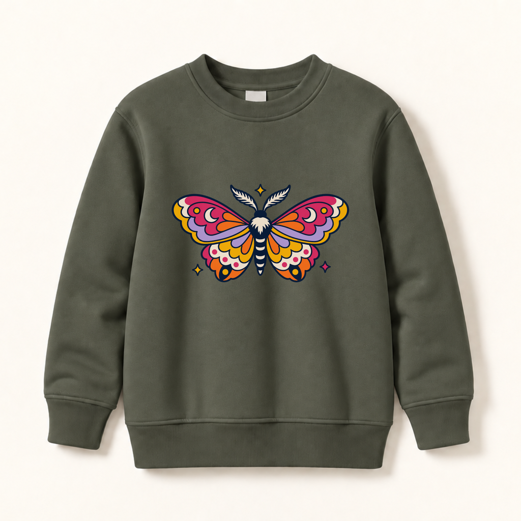 An olive green crewneck sweatshirt featuring a colorful, stylized butterfly graphic on the chest, displayed against a light cream background.