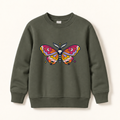 An olive green crewneck sweatshirt featuring a colorful, stylized butterfly graphic on the chest, displayed against a light cream background.
