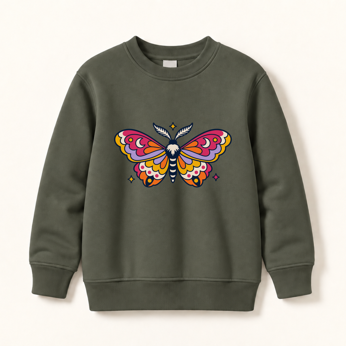 An olive green crewneck sweatshirt featuring a colorful, stylized butterfly graphic on the chest, displayed against a light cream background.