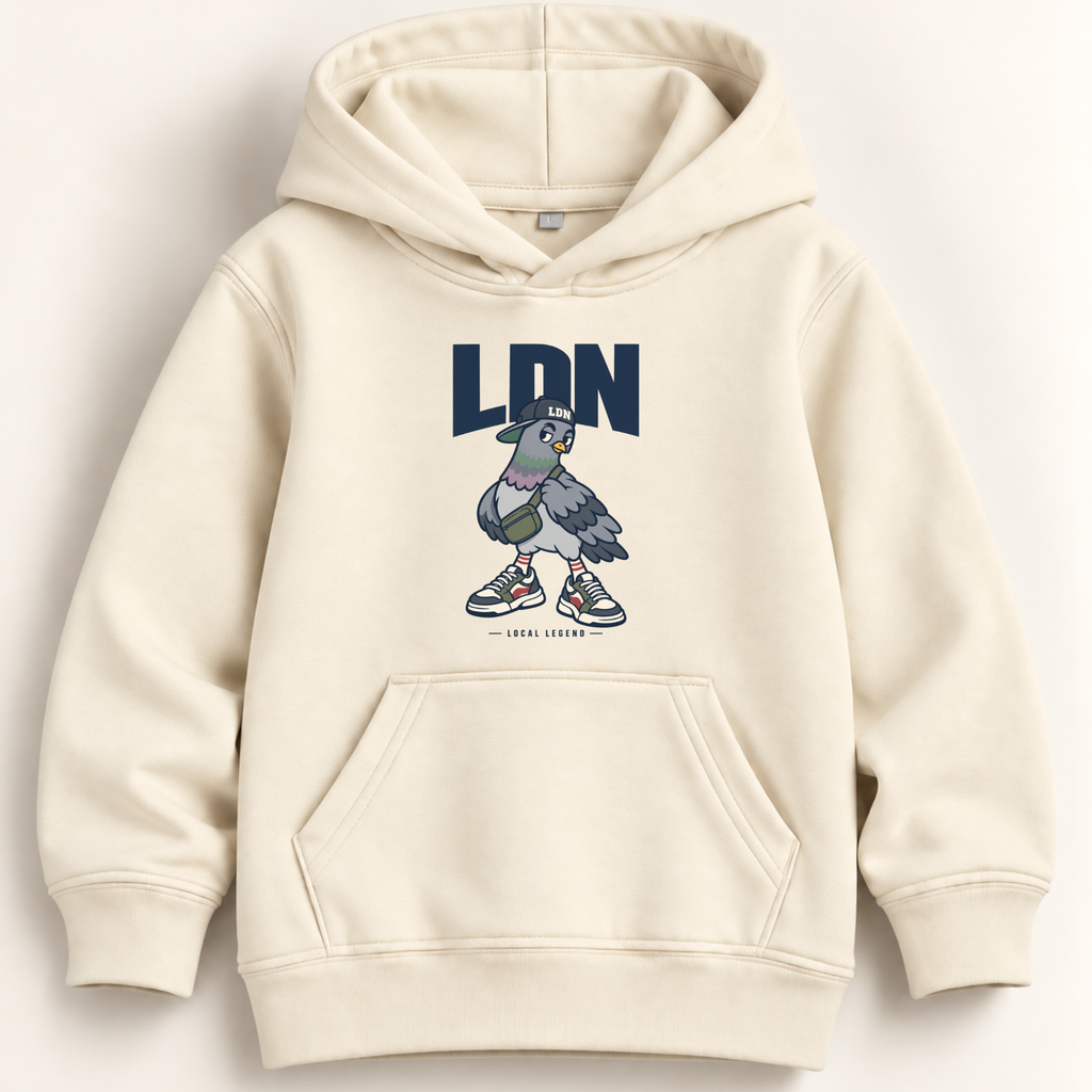 An off-white hooded sweatshirt with a front kangaroo pocket, featuring a graphic print of a pigeon in a cap and sneakers under the text 'LDN' and 'LOCAL LEgend.