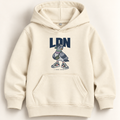 An off-white hooded sweatshirt with a front kangaroo pocket, featuring a graphic print of a pigeon in a cap and sneakers under the text 'LDN' and 'LOCAL LEgend.