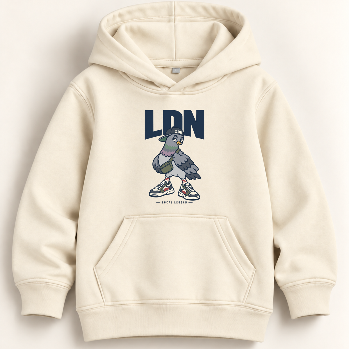 An off-white hooded sweatshirt with a front kangaroo pocket, featuring a graphic print of a pigeon in a cap and sneakers under the text 'LDN' and 'LOCAL LEgend.