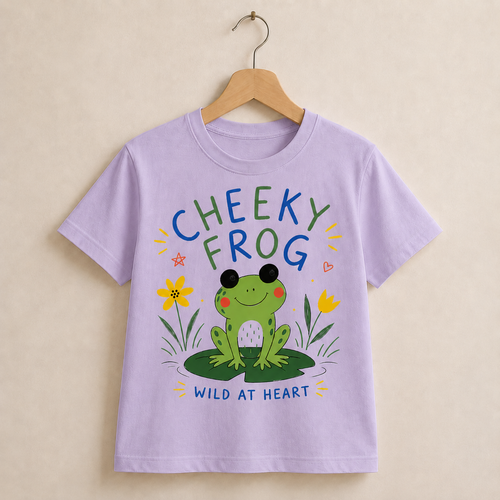 Purple t-shirt with a frog graphic and text on a beige background
