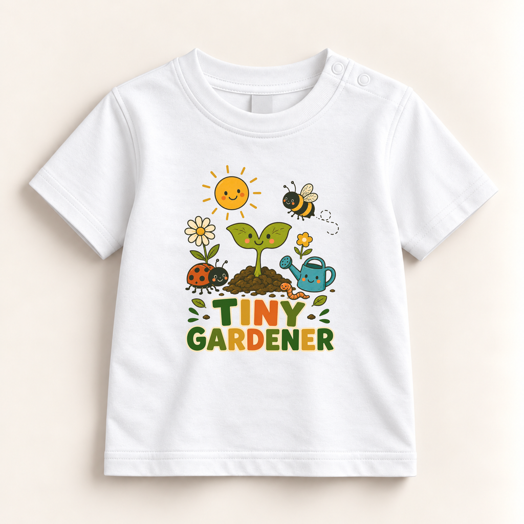 A white short-sleeve baby t-shirt with a colorful 'Tiny Gardener' graphic print on the front, displayed flat against a light beige background.